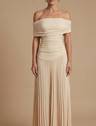 Womens Elegant Pleated Maxi Dress | Off-Shoulder Formal Gown for Weddings and Special Events 1