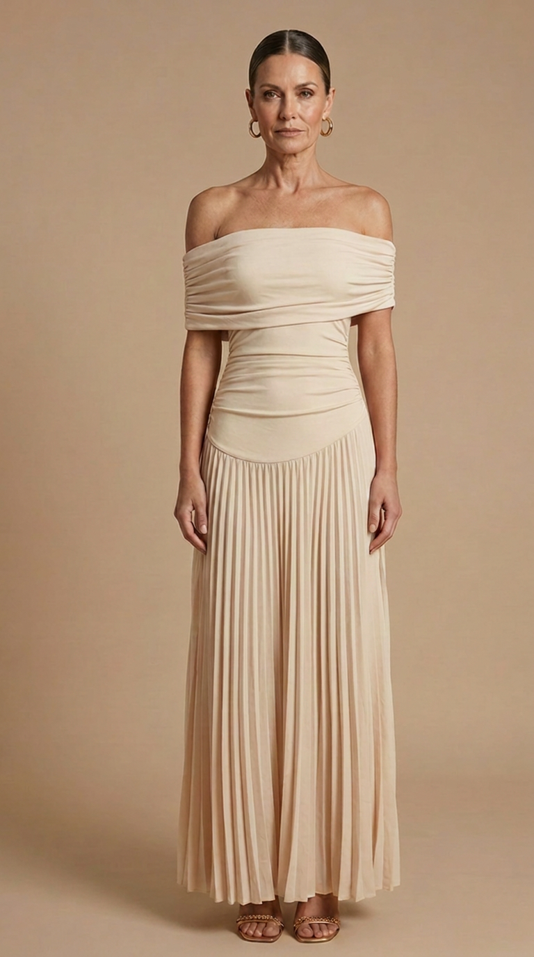 Womens Elegant Pleated Maxi Dress | Off-Shoulder Formal Gown for Weddings and Special Events 1