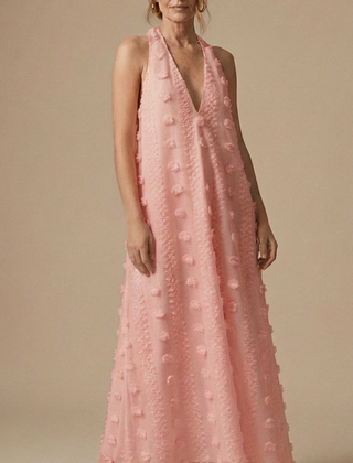 Womens Floral Appliqué Halter Maxi Dress | Elegant Backless Summer Evening Gown 4