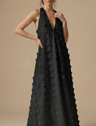 Womens Floral Appliqué Halter Maxi Dress | Elegant Backless Summer Evening Gown 7