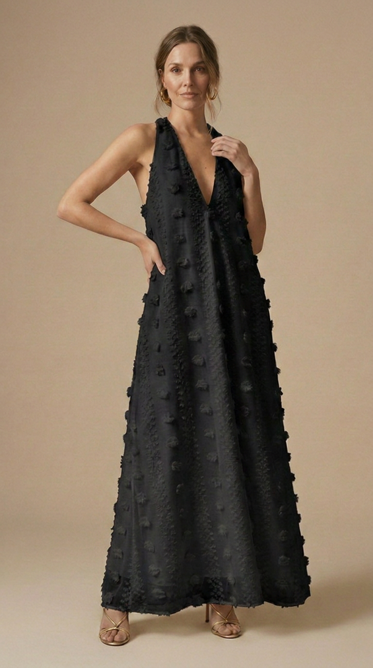 Womens Floral Appliqué Halter Maxi Dress | Elegant Backless Summer Evening Gown 7
