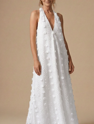 Womens Floral Appliqué Halter Maxi Dress | Elegant Backless Summer Evening Gown 5