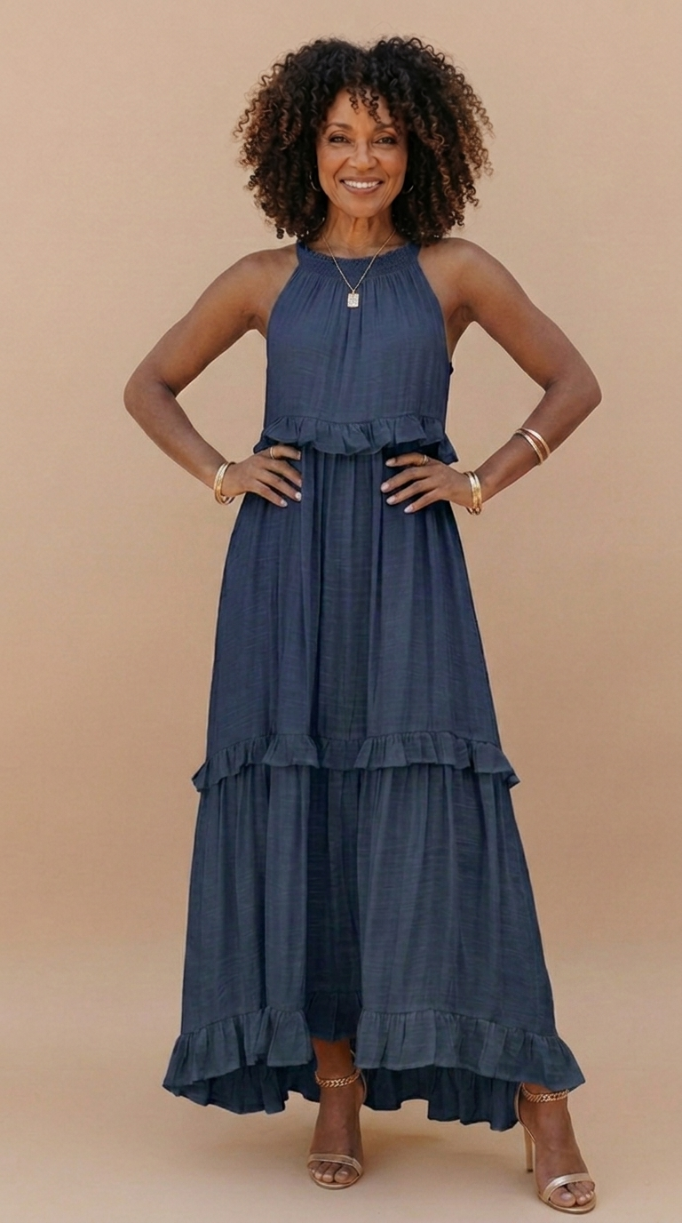 Women's Cotton Blend Maxi Dress | Elegant Halter Neck Summer Dress
