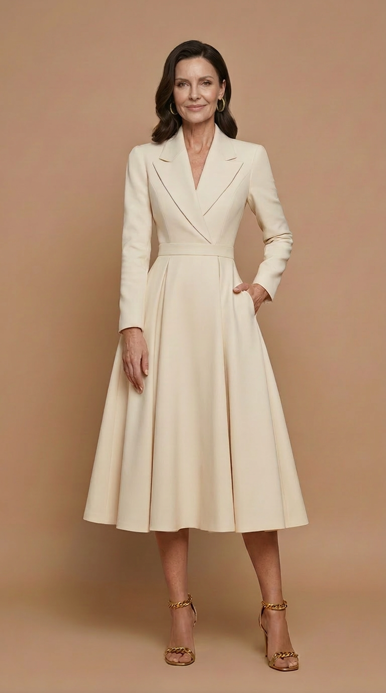 Women's Elegant A-Line Midi Dress | Sophisticated Notched Lapel Pleated Skirt