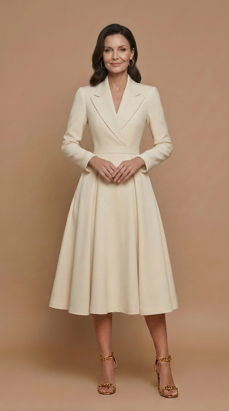 Women's Elegant A-Line Midi Dress | Sophisticated Notched Lapel Pleated Skirt