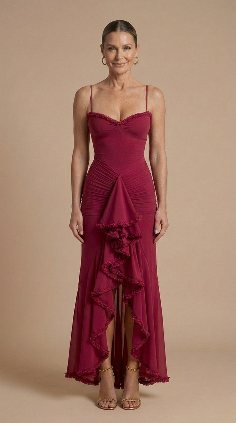 Women's Elegant Ruched Maxi Dress | Sophisticated Sweetheart Neckline with Ruffle Trim