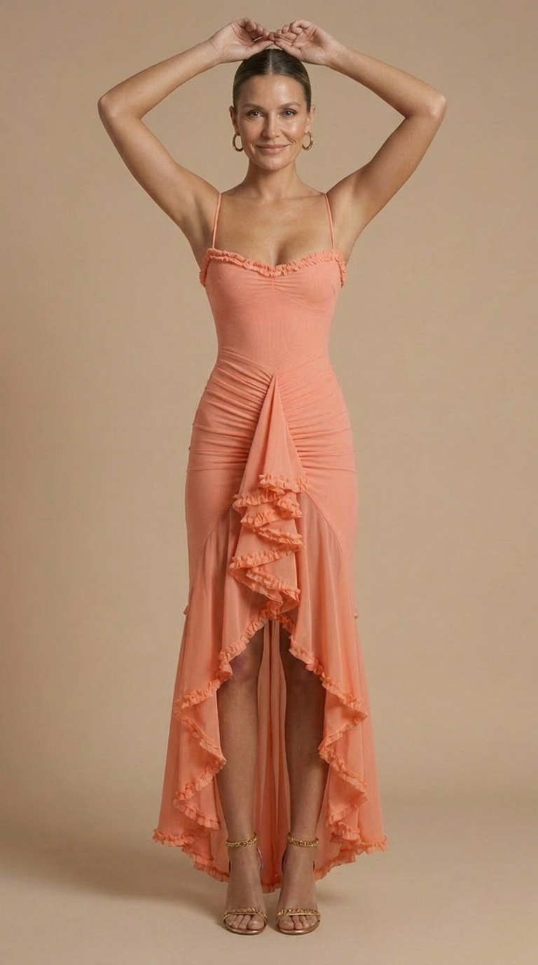 Women's Elegant Ruched Maxi Dress | Sophisticated Sweetheart Neckline with Ruffle Trim