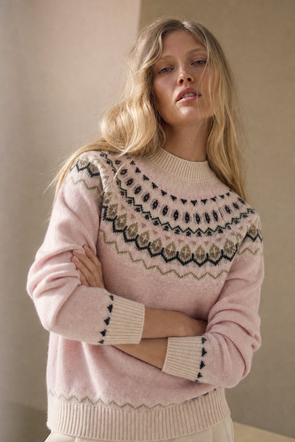 Women's Cashmere Sweater with Fair Isle Pattern and Crew Neck