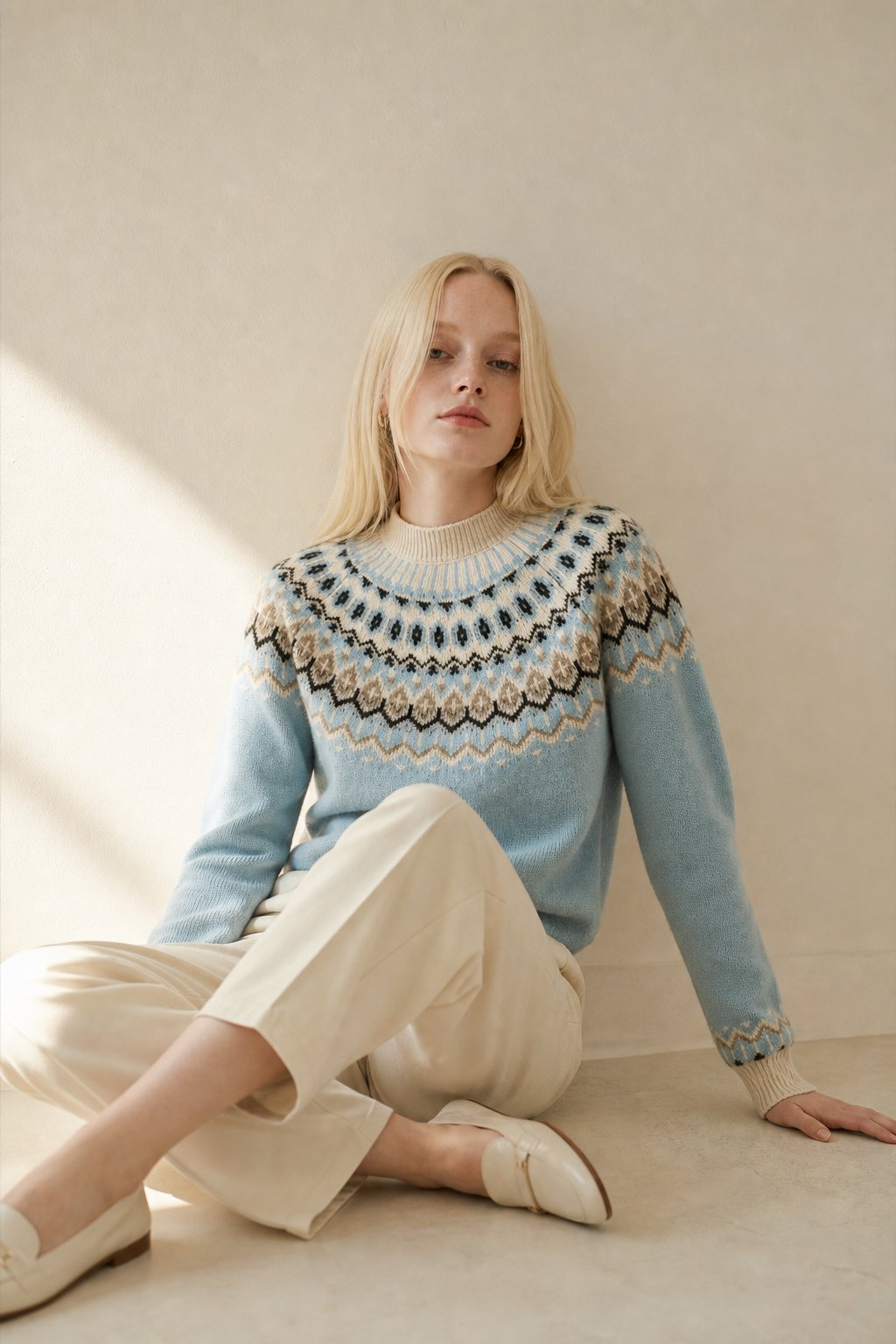 Women's Cashmere Sweater with Fair Isle Pattern and Crew Neck