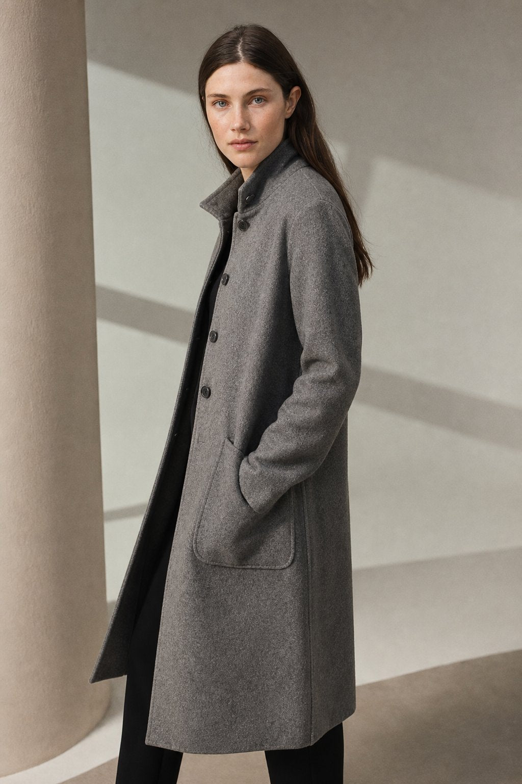 Women's Long Wool Blend Overcoat with Funnel Neck and Button Front