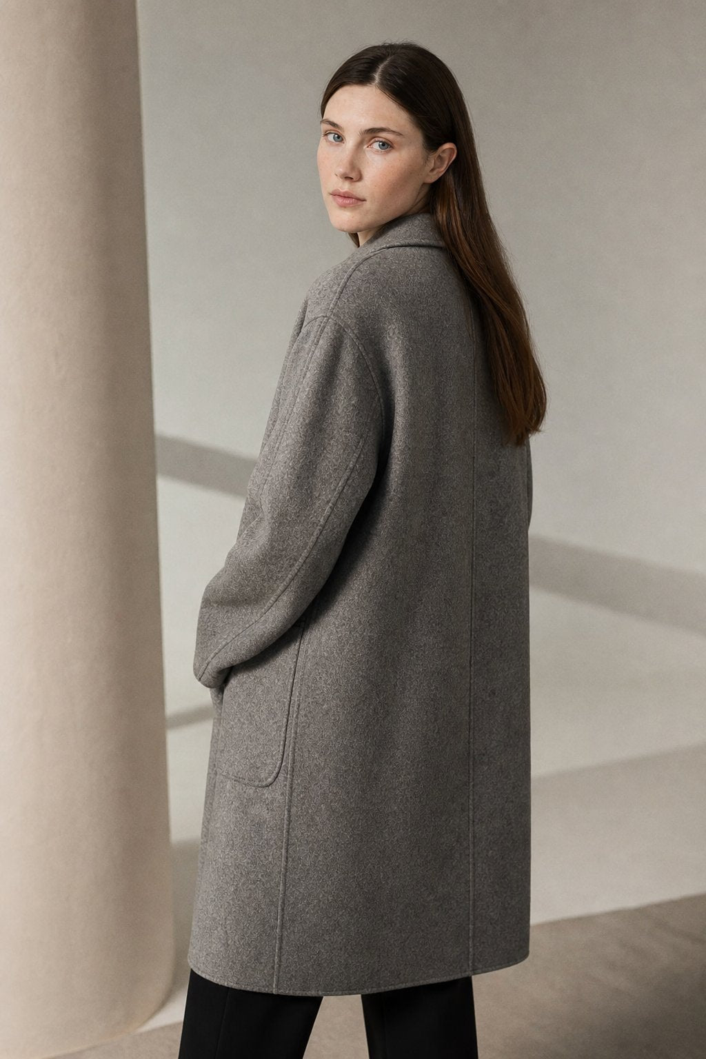 Women's Long Wool Blend Overcoat with Funnel Neck and Button Front