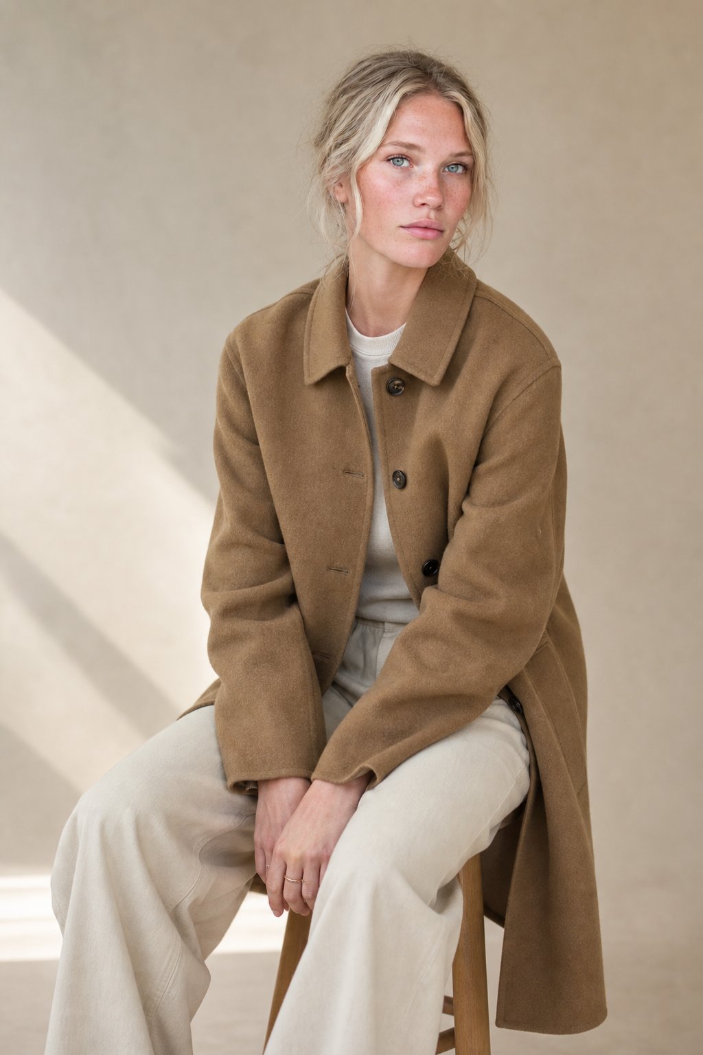 Women's Long Wool Blend Overcoat with Funnel Neck and Button Front