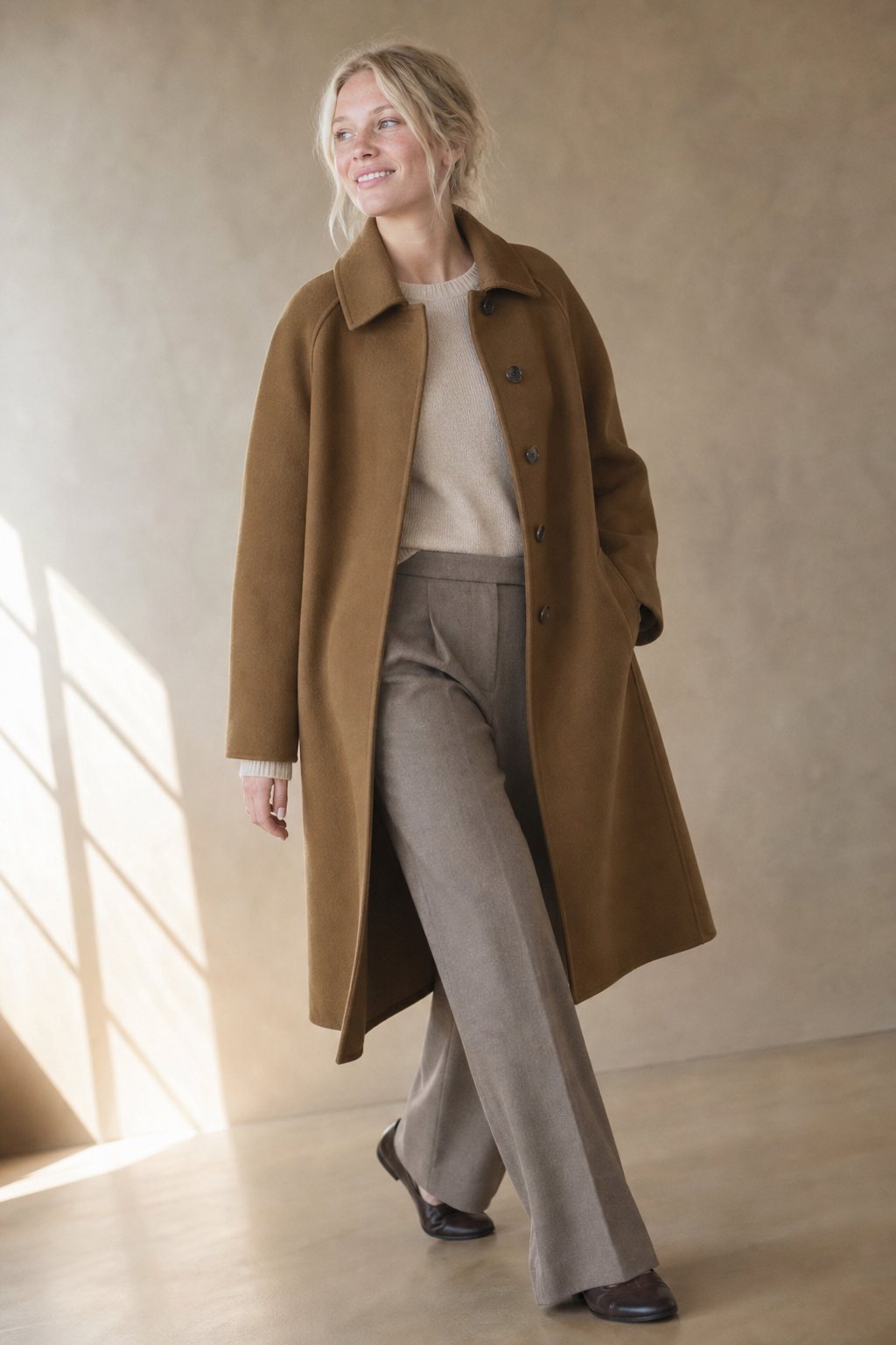 Women's Long Wool Blend Overcoat with Funnel Neck and Button Front