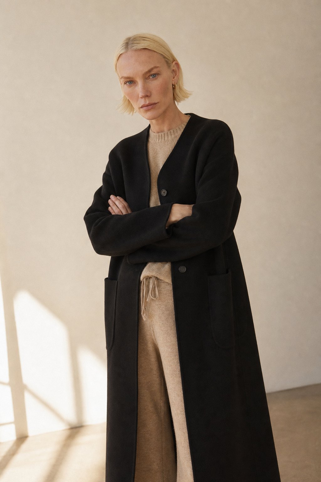 Women's Long Wool Blend Overcoat with Funnel Neck and Button Front