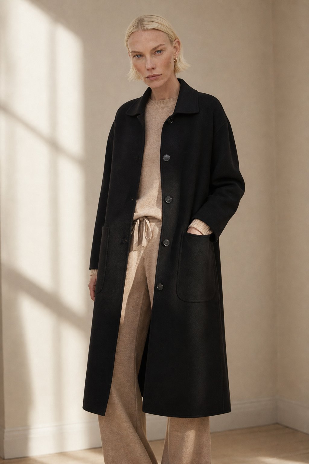Women's Long Wool Blend Overcoat with Funnel Neck and Button Front