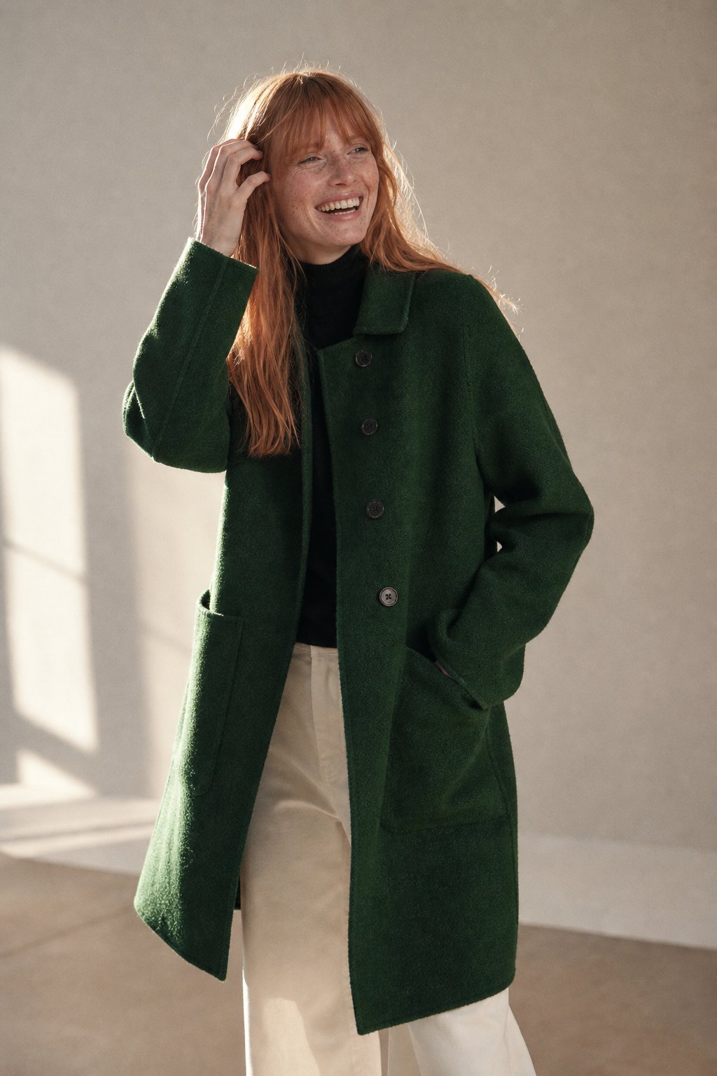Women's Long Wool Blend Overcoat with Funnel Neck and Button Front
