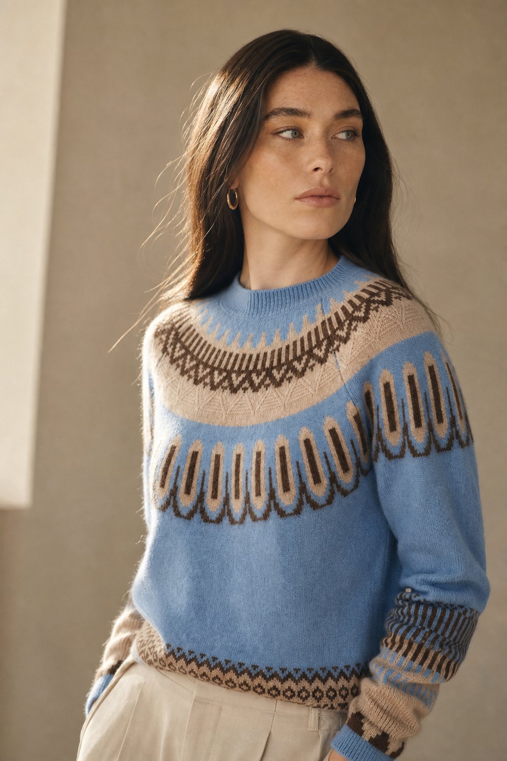 Women's Cashmere Fair Isle Sweater with Crew Neck and Long Sleeves