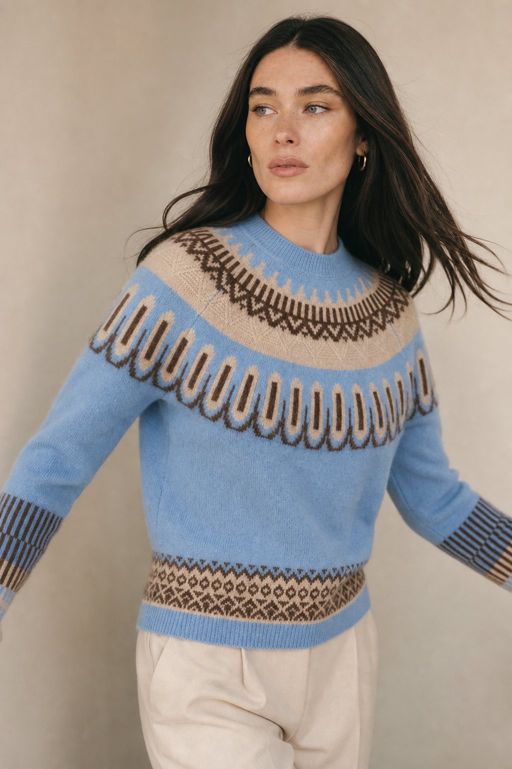 Women's Cashmere Fair Isle Sweater with Crew Neck and Long Sleeves