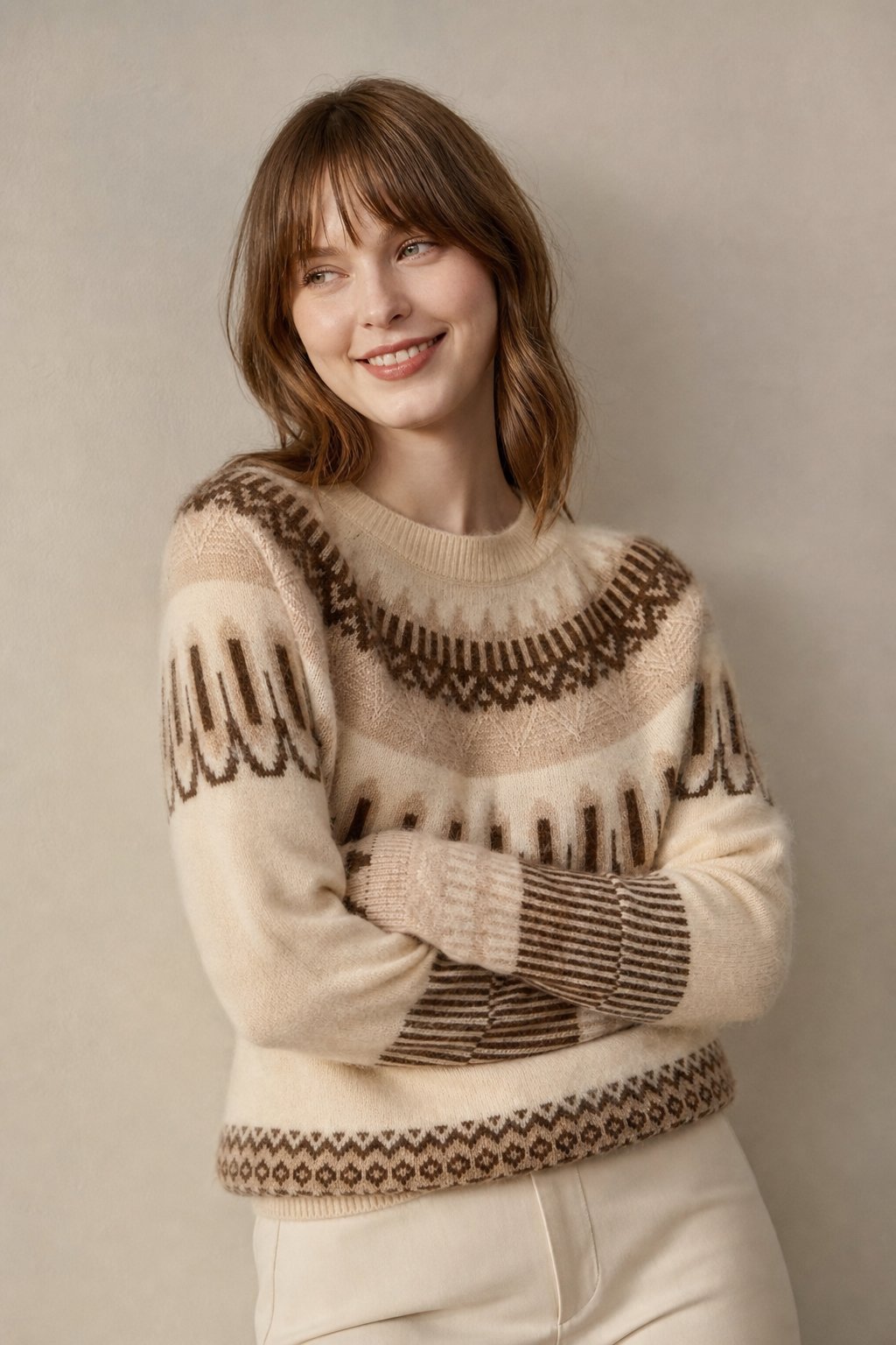Women's Cashmere Fair Isle Sweater with Crew Neck and Long Sleeves