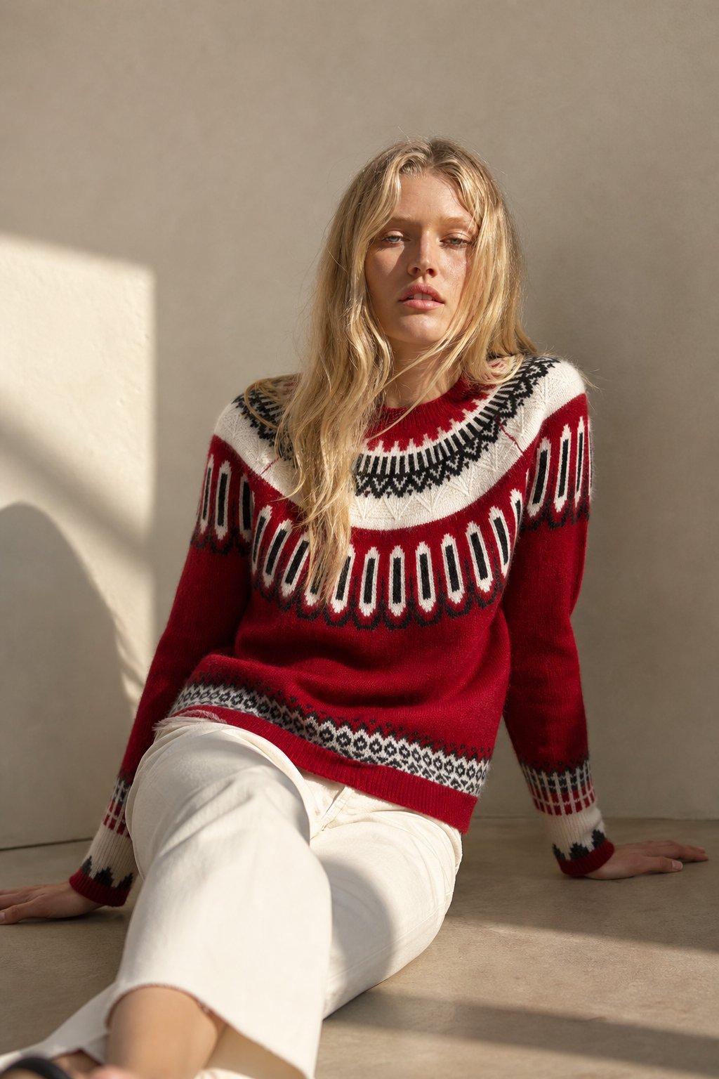Women's Cashmere Fair Isle Sweater with Crew Neck and Long Sleeves