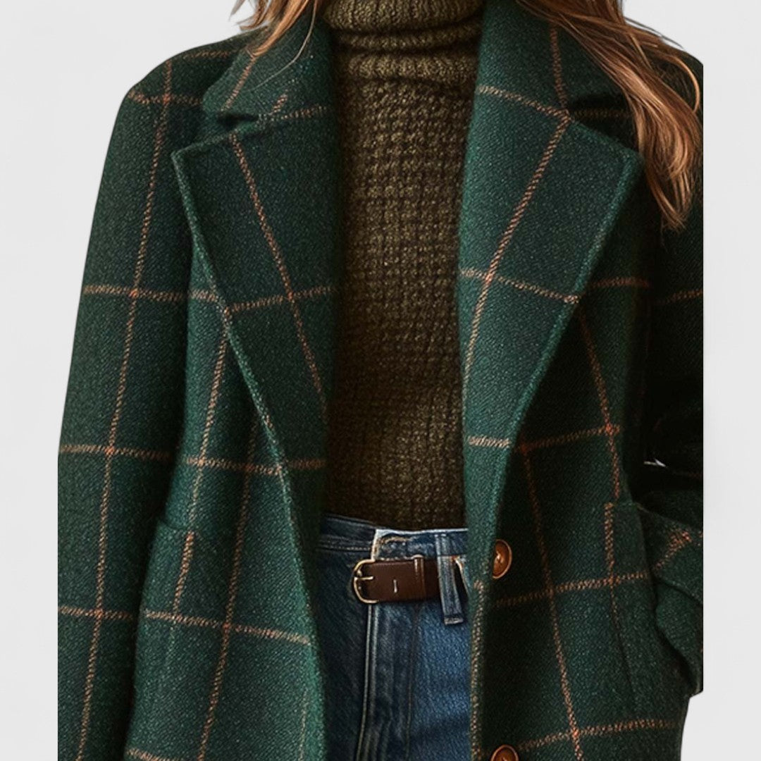 Women's Long Check Coat With Notch Lapel And Button Front