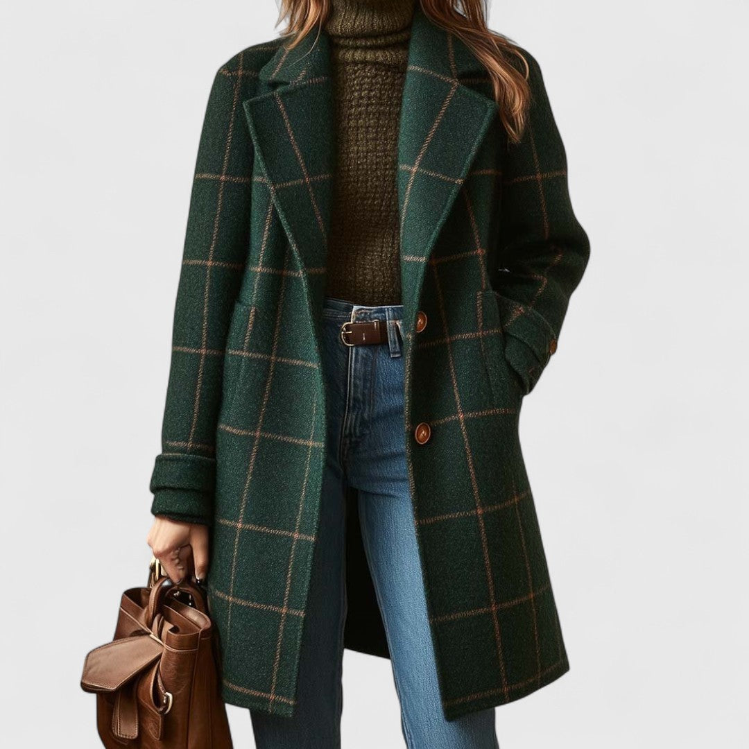 Women's Long Check Coat With Notch Lapel And Button Front