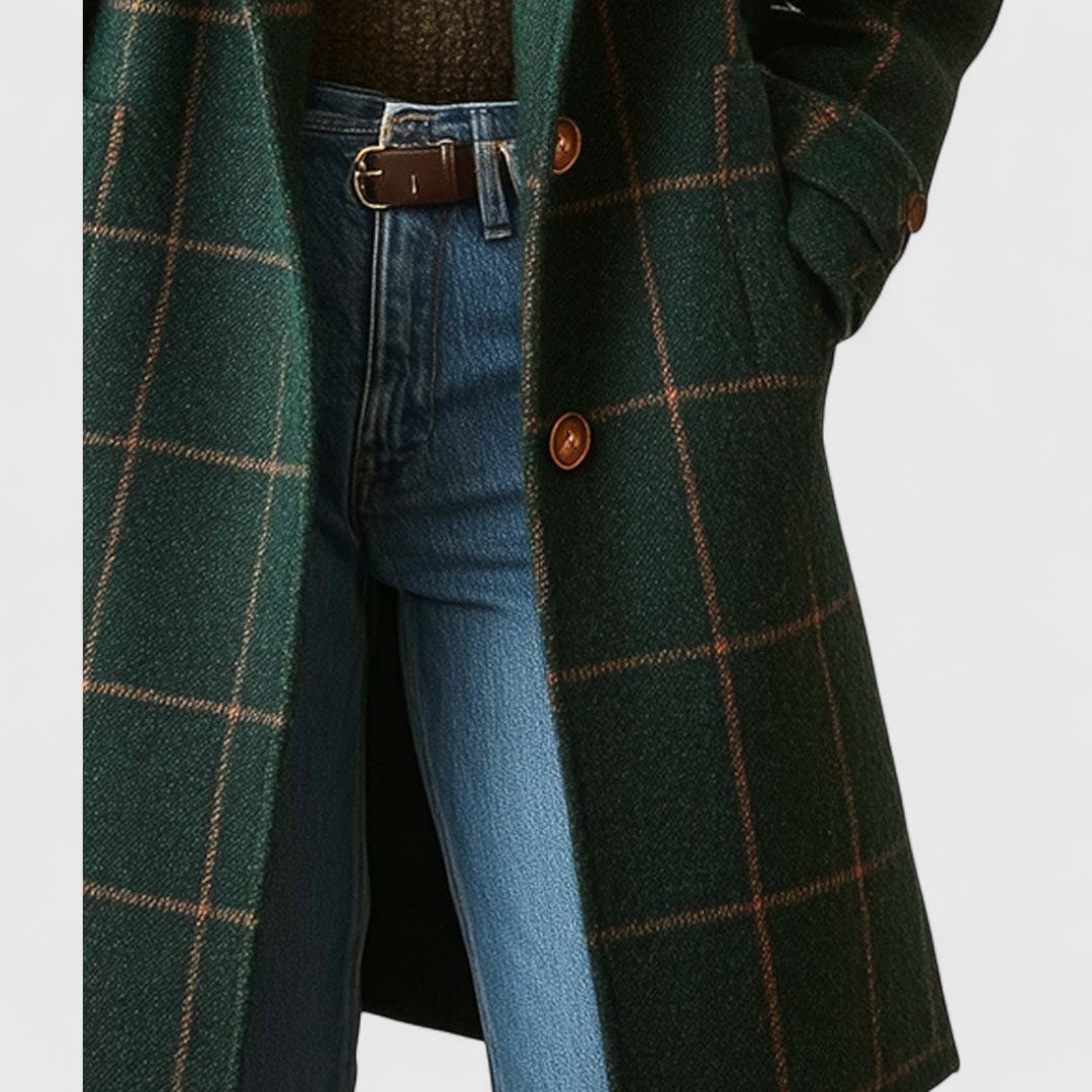 Women's Long Check Coat With Notch Lapel And Button Front