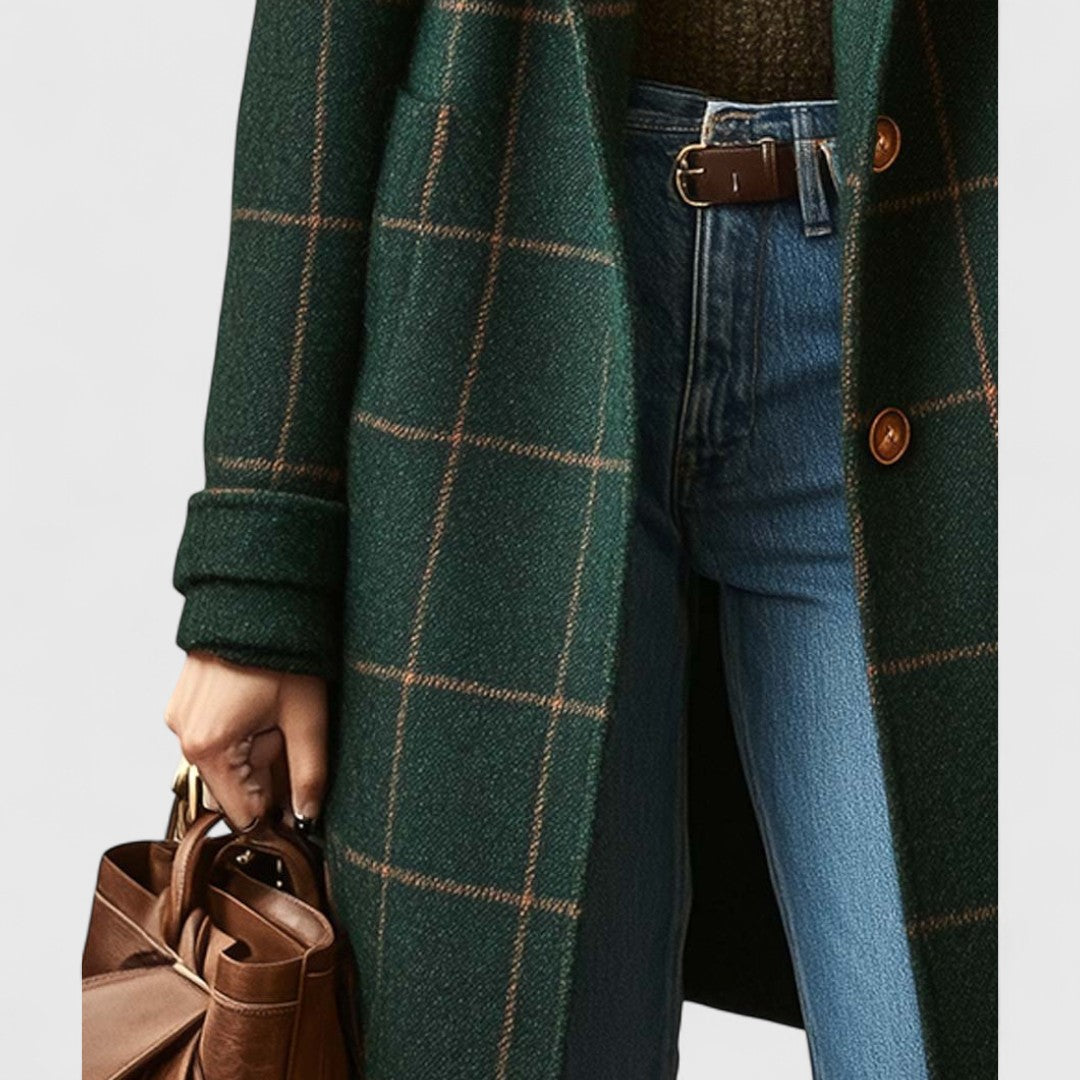 Women's Long Check Coat With Notch Lapel And Button Front