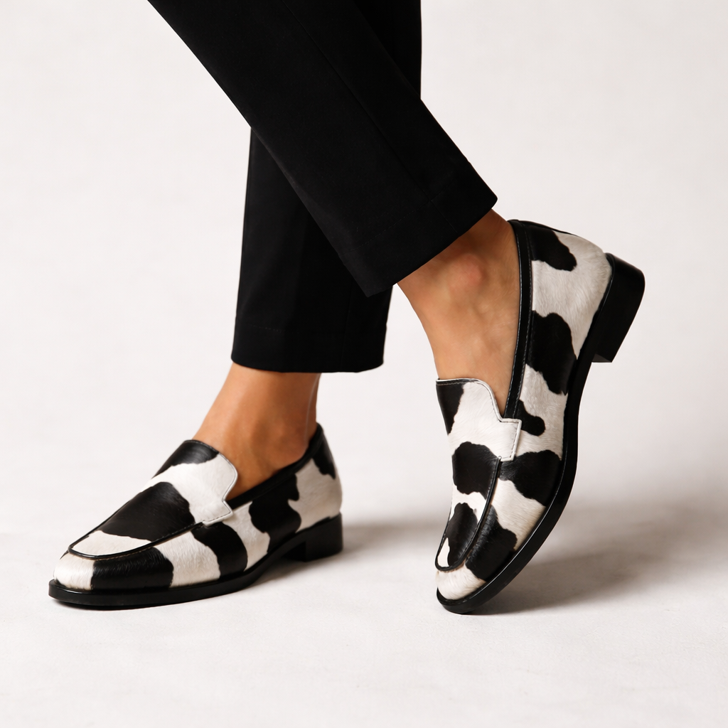 Women's Cow Print Slip On Loafers with Pointed Toe Design