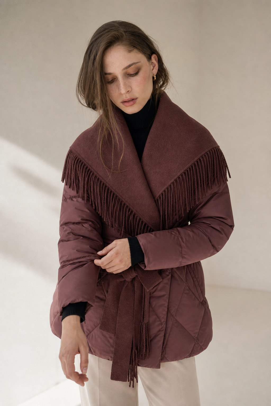 Women's Quilted Down Coat with Fringe Detail and Belted Waist