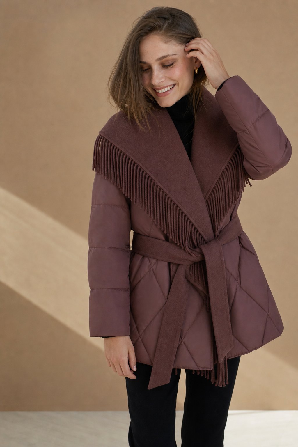 Women's Quilted Down Coat with Fringe Detail and Belted Waist