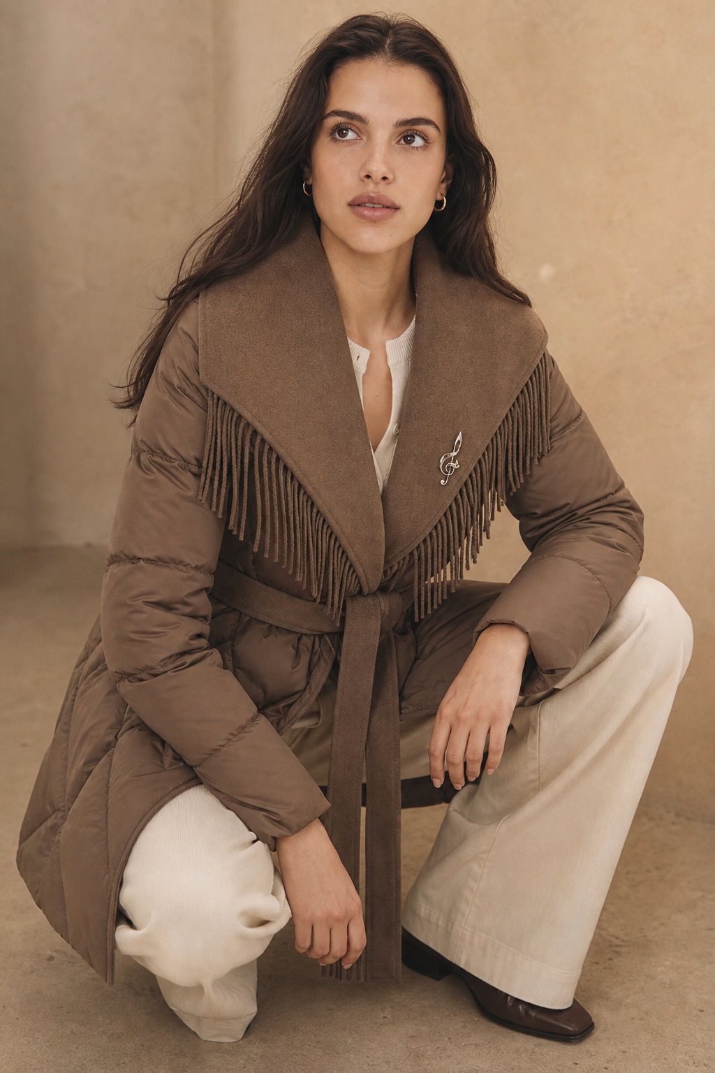 Women's Quilted Down Coat with Fringe Detail and Belted Waist