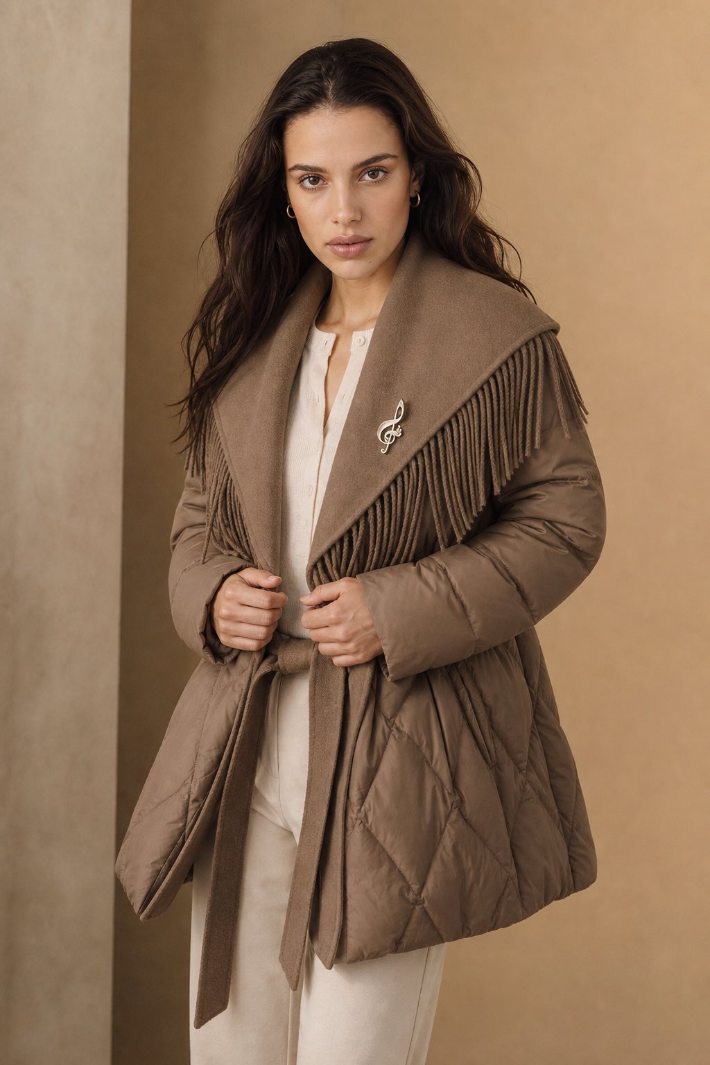 Women's Quilted Down Coat with Fringe Detail and Belted Waist