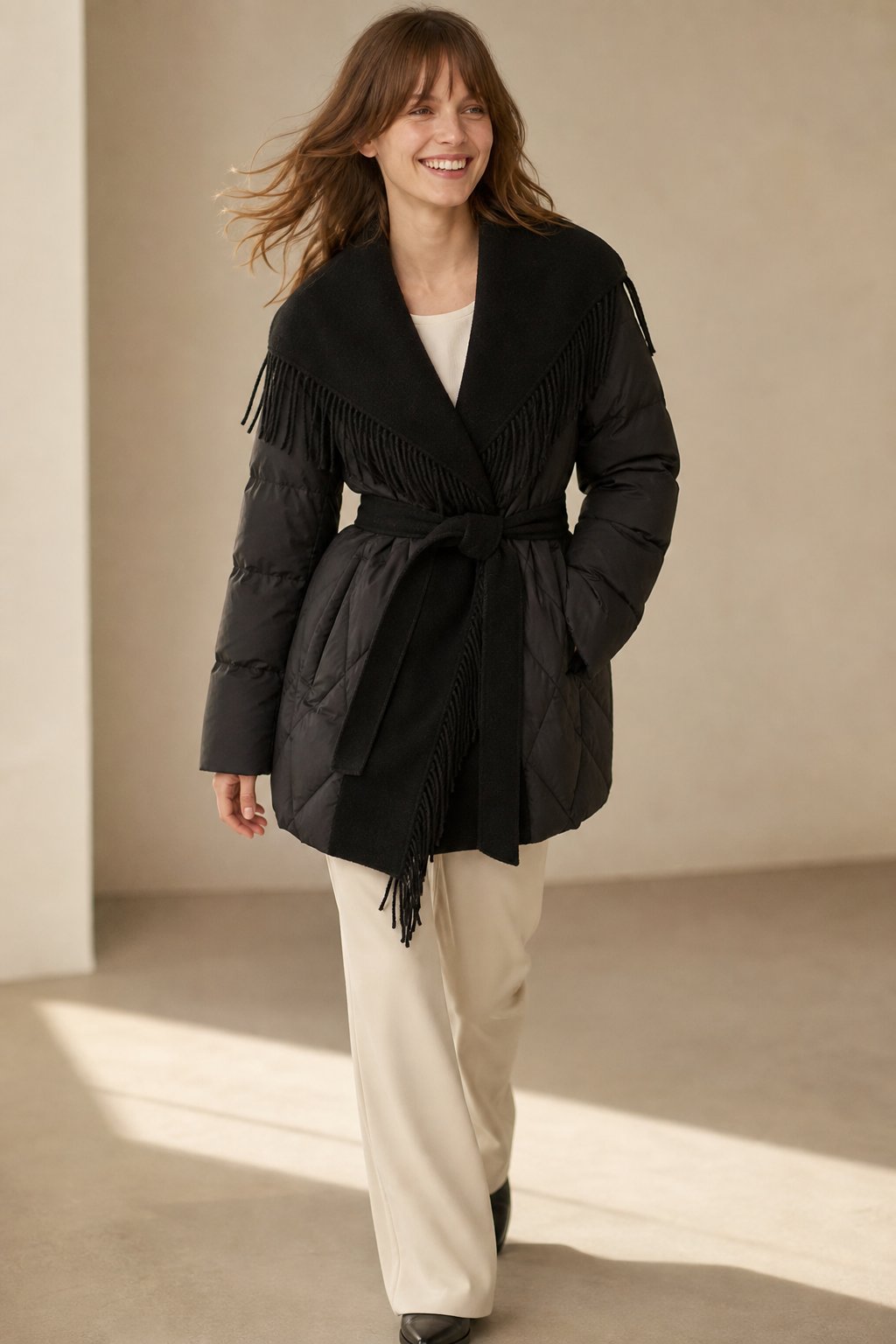 Women's Quilted Down Coat with Fringe Detail and Belted Waist