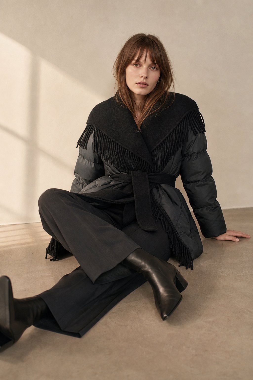 Women's Quilted Down Coat with Fringe Detail and Belted Waist
