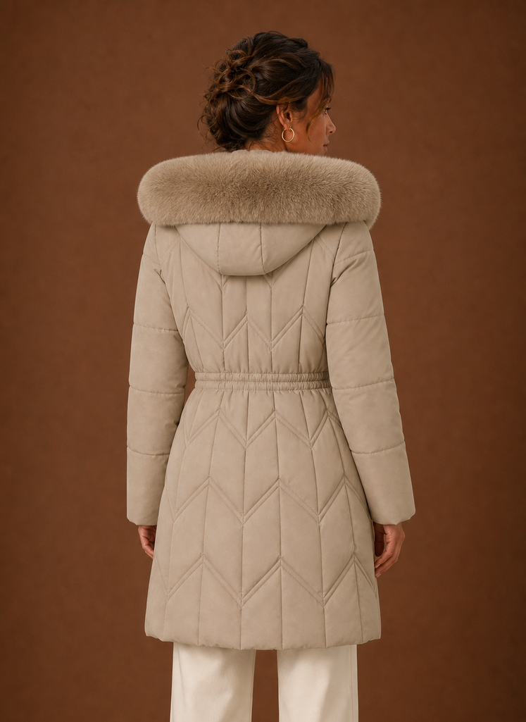 Women's Long Puffer Coat with Faux Fur Trim Hood and Drawstring Waist