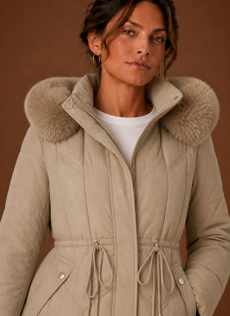 Women's Long Puffer Coat with Faux Fur Trim Hood and Drawstring Waist