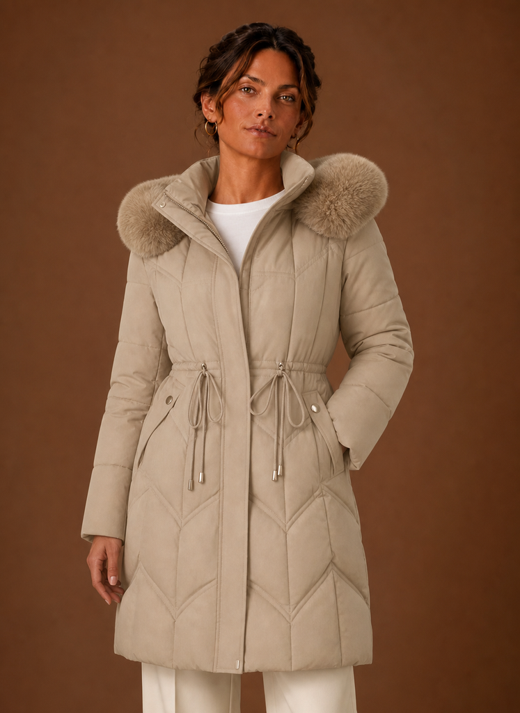 Women's Long Puffer Coat with Faux Fur Trim Hood and Drawstring Waist