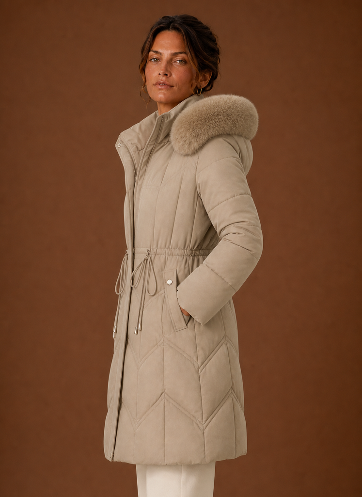 Women's Long Puffer Coat with Faux Fur Trim Hood and Drawstring Waist