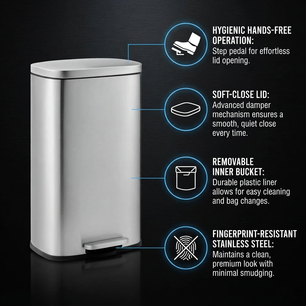 Stainless Steel Soft-Close Pedal Trash Can – 30L