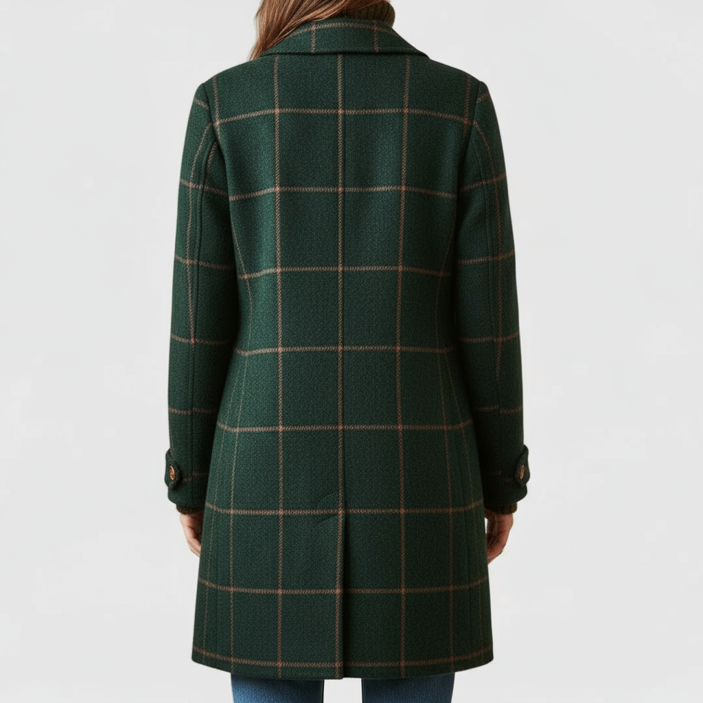 Women's Long Check Coat With Notch Lapel And Button Front