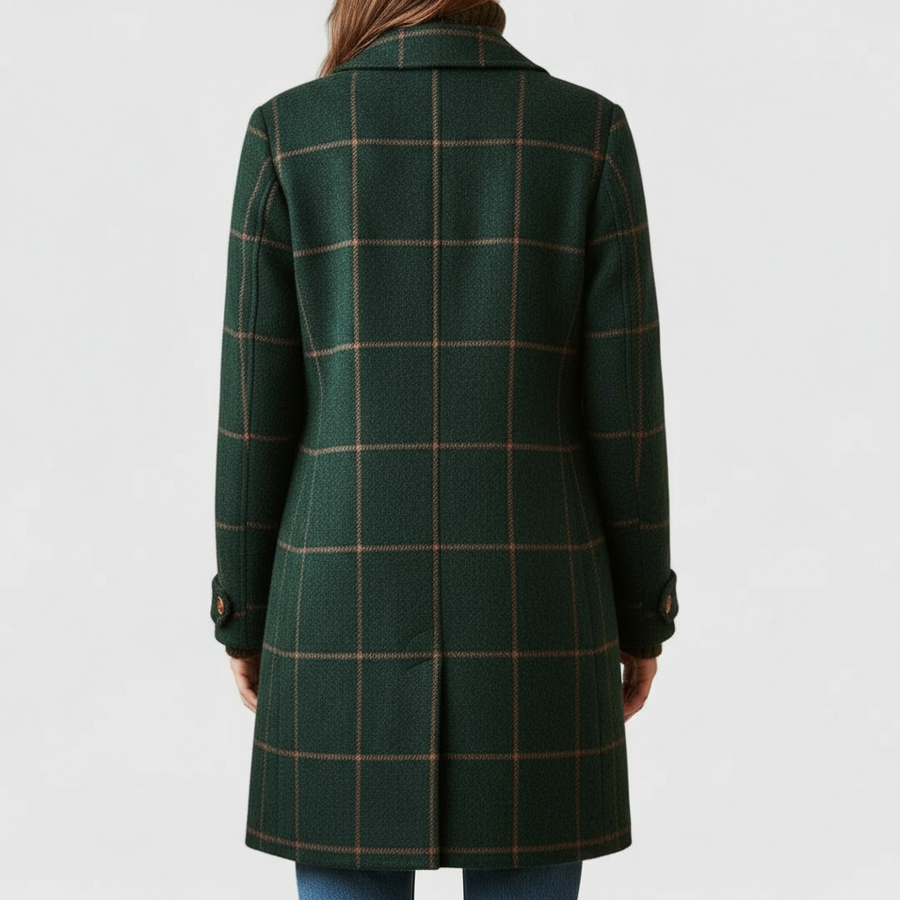 Women's Long Check Coat With Notch Lapel And Button Front