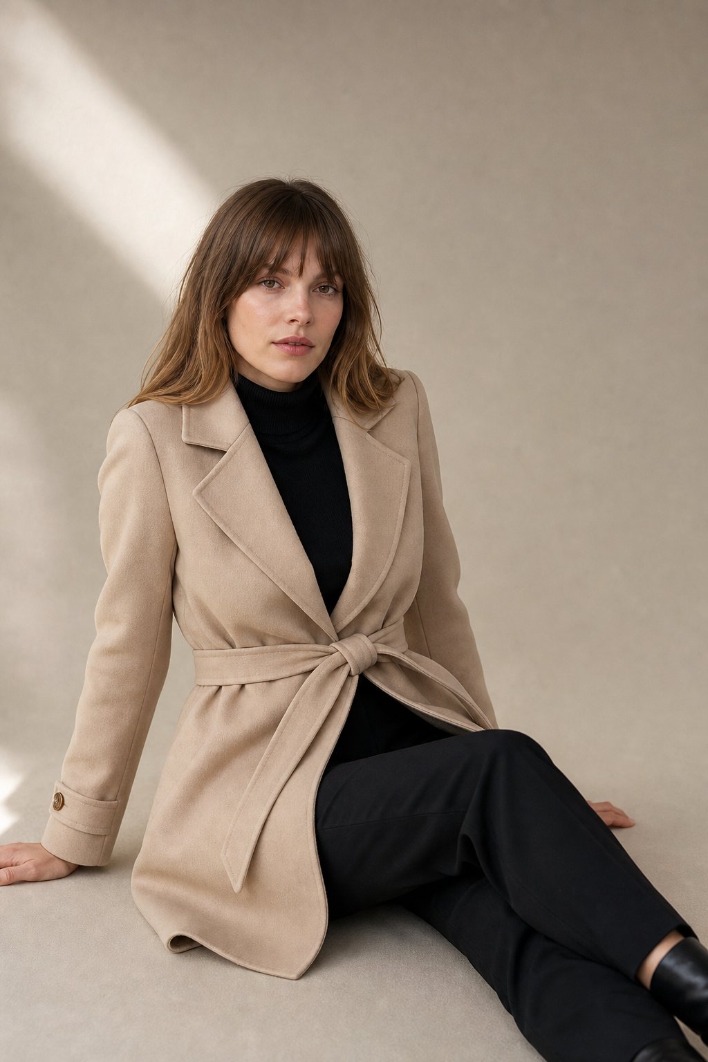 Women's Double Faced Cashmere Coat with Notch Lapel and Belt