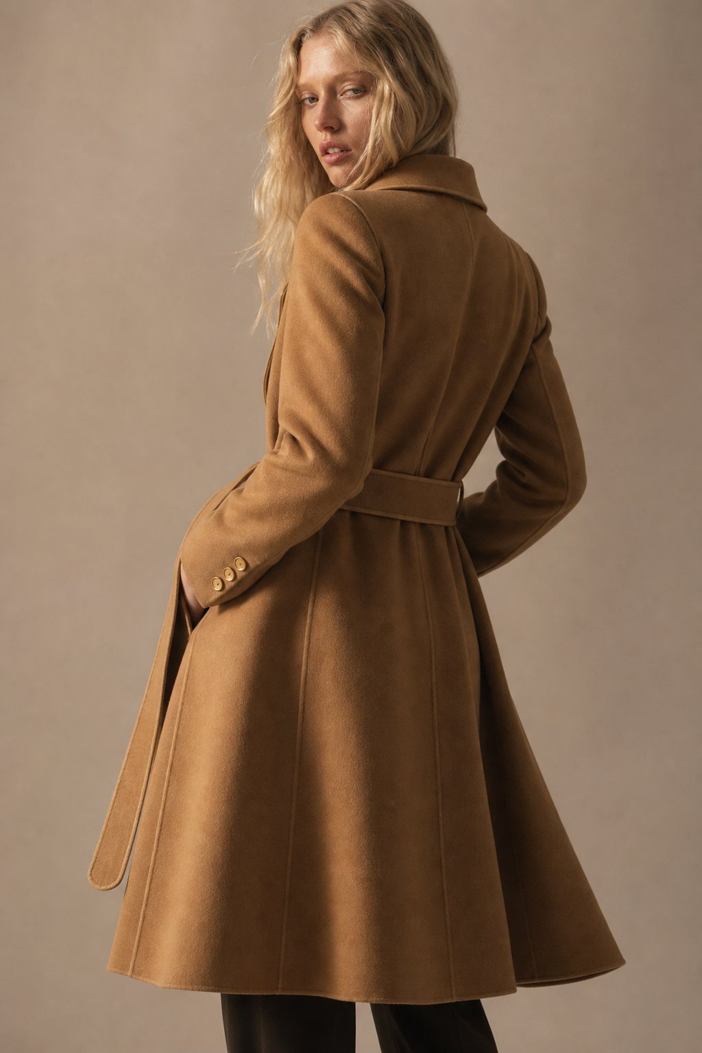 Women's Double Faced Cashmere Coat with Notch Lapel and Belt