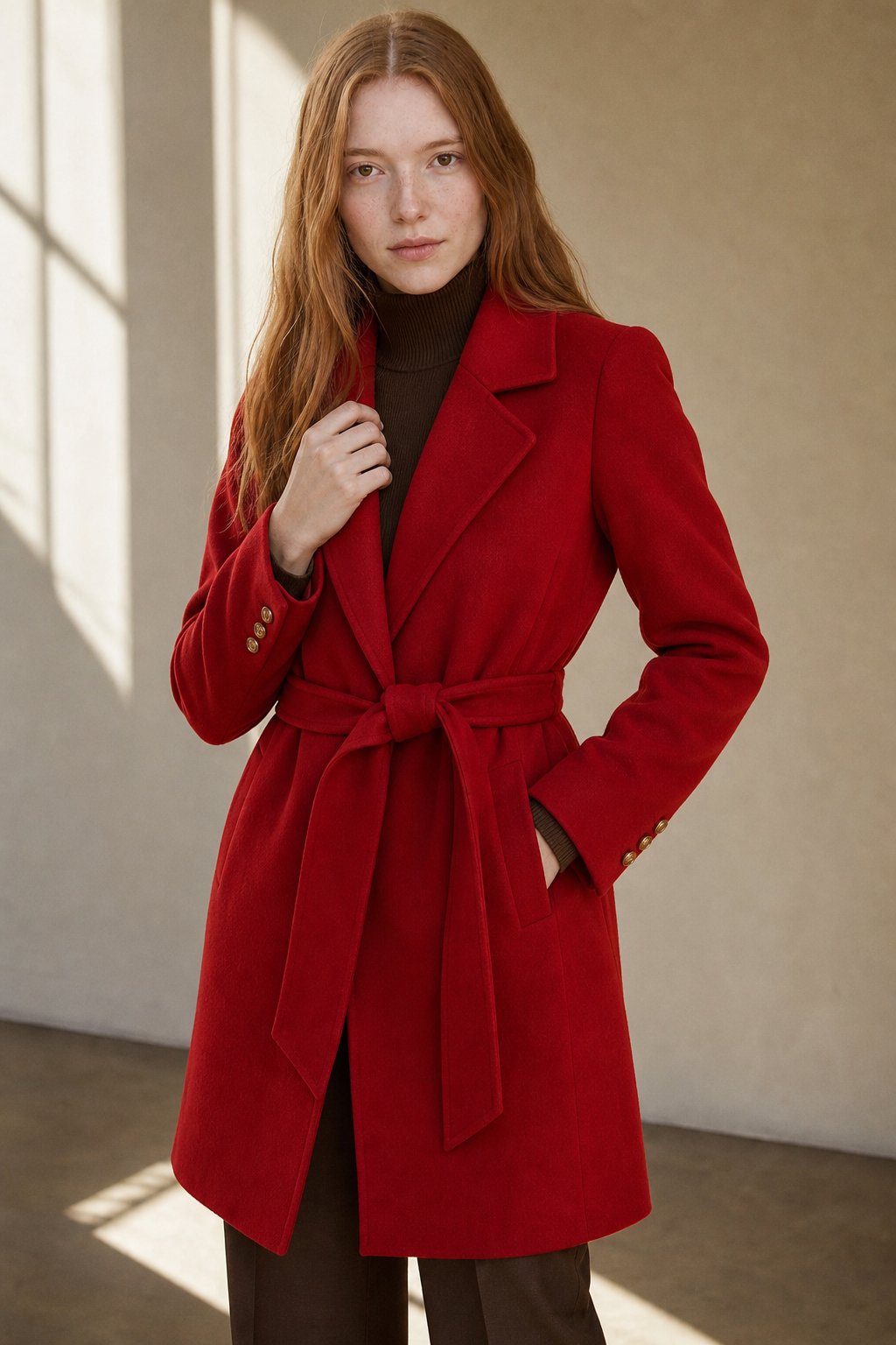 Women's Double Faced Cashmere Coat with Notch Lapel and Belt