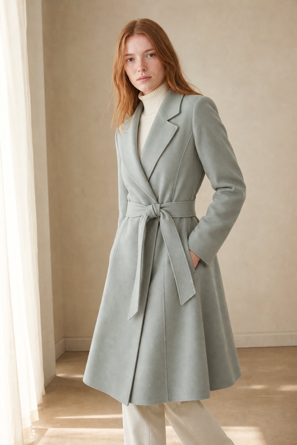 Women's Double Faced Cashmere Coat with Notch Lapel and Belt