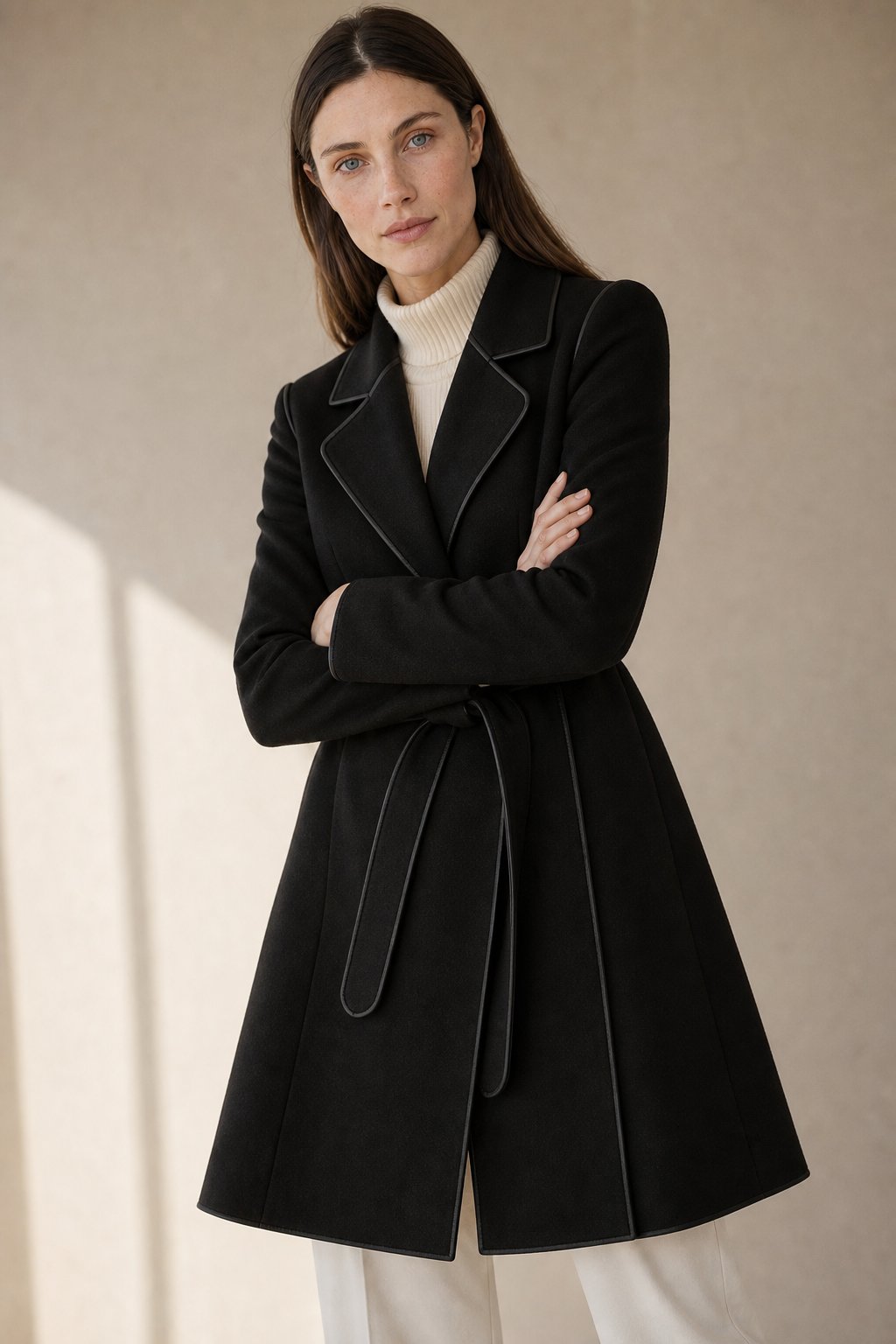 Women's Double Faced Cashmere Coat with Notch Lapel and Belt