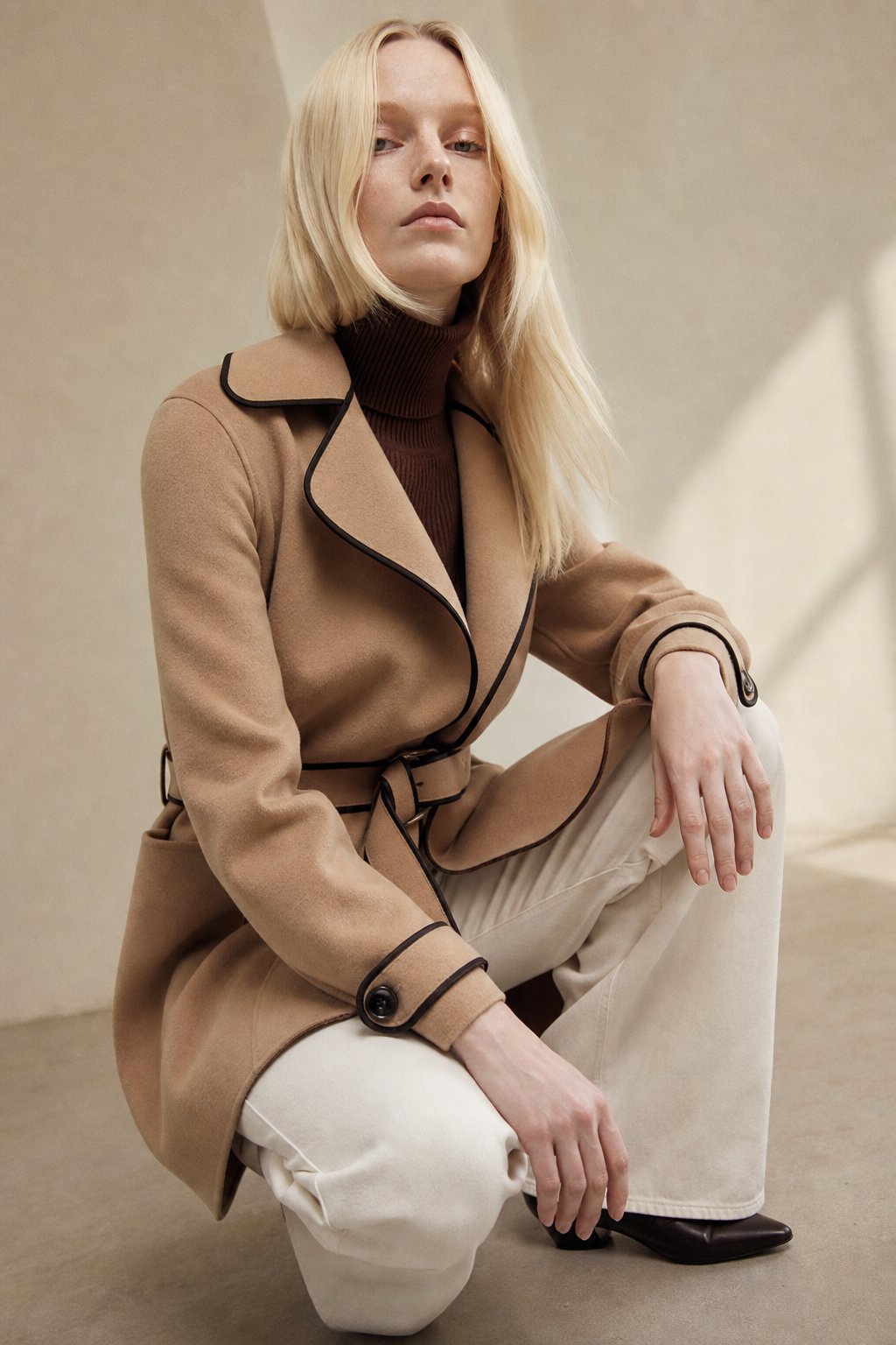Women's Double Faced Cashmere Coat with Notch Lapel and Belt