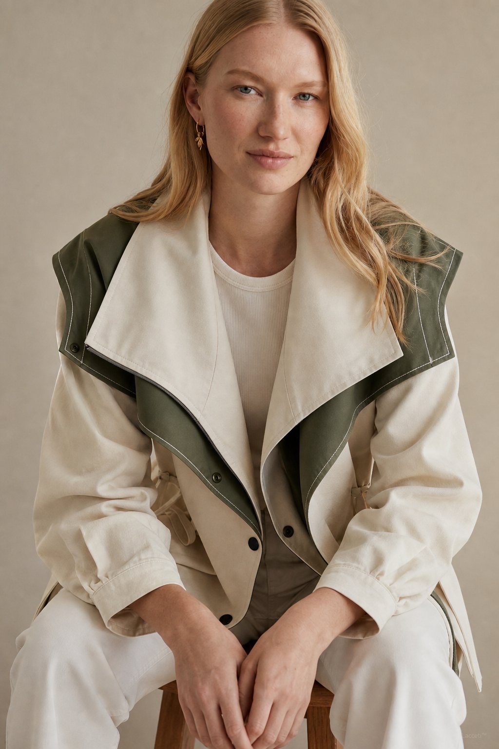 Women's Two Tone Windbreaker Jacket with Wide Lapels and Button Front