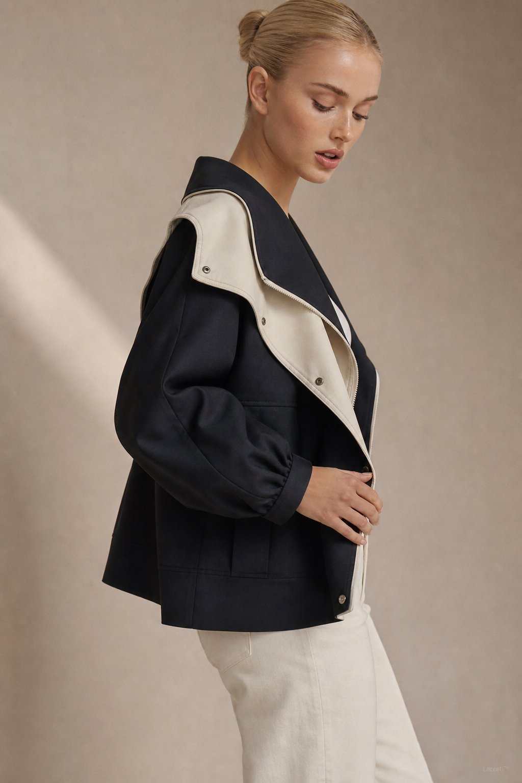 Women's Two Tone Windbreaker Jacket with Wide Lapels and Button Front